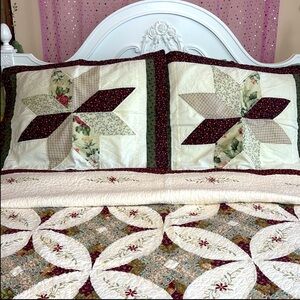 Vintage Quilt Handmade Hand Crafted  Pillow Sham Cream Floral Burgundy Green Tan